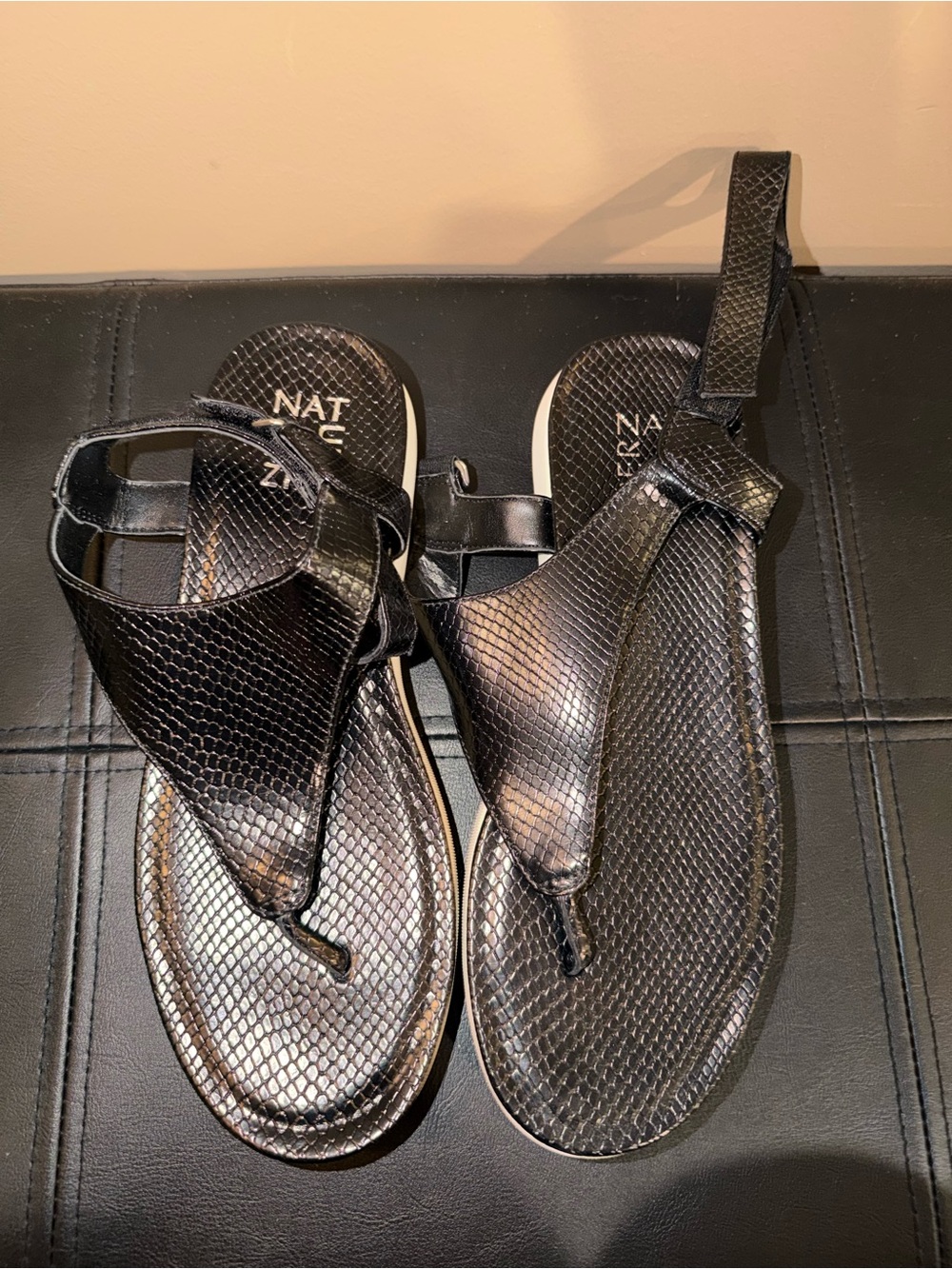 Naturalizer Black Textured Thong Sandals with Ankle Strap — Shiny Black